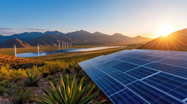 Renewable solar power in a scenic countryside landscape with windmills mountains and a peaceful lakeside setting at sunrise or sunset