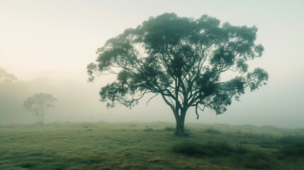 Obraz premium Tree in the fog, capturing the beauty of nature and tranquility. Natural outdoor setting with soft lighting.