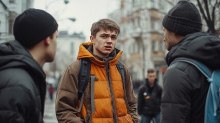 Obraz premium Young man in orange jacket talking with two others outdoors in urban winter setting