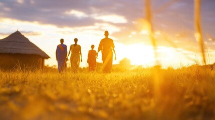 A picturesque scene featuring silhouettes of four people walking toward the sunset in a Kenyan village, with traditional huts and golden grassy fields, with copy space.