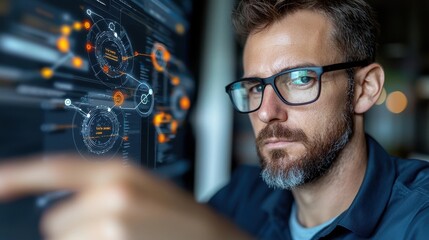 Focused and determined business strategist intently examining futuristic digital interfaces holographic data visualizations