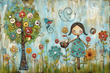 Joyful girl in whimsical garden with flowers, tree, and bird.
