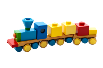 Vintage toy train model made of blocks in many shapes isolated on white background with a clipping path cutout concept for childhood development, minimalist nostalgic toys and educational play time