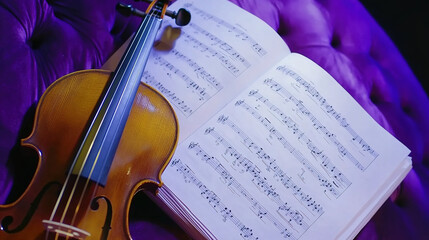 Fototapeta premium Classical music sheet notes elegantly displayed on a wooden stand, embodying the timeless beauty and intricate artistry of orchestral compositions.