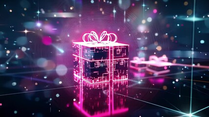 Pink digital gift box with a bow floating in a dark digital environment with glowing particles and grid, representing future technology and online gifting - Powered by Adobe