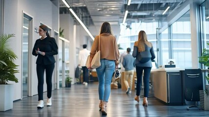 Modern Office Corridor:  A diverse group of professionals navigate a sleek, contemporary office hallway, embodying a sense of movement and productivity in a dynamic work environment. 
