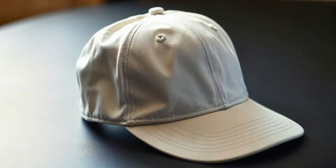 White baseball cap resting on a dark table surface near a window