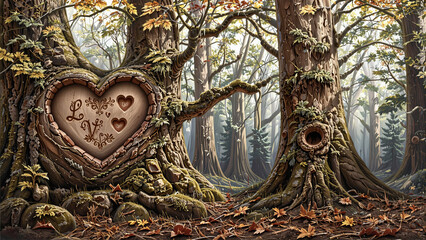 Heart-shaped tree carving with love message in a dreamy forest setting for romantic postcard