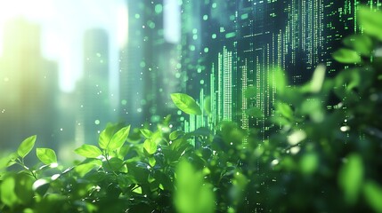Lush Green Leaves with Urban Skyline in Background Representing Growth and Technology Integration