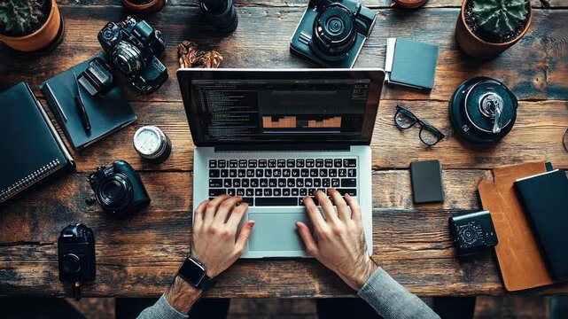 Creative Workspace: Top-down view of a photographer's workspace with a laptop, cameras, and other creative tools.  The image evokes a sense of productivity, creativity, and inspiration.