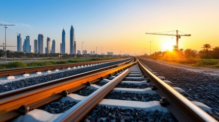 Fototapeta premium Dramatic and futuristic skyline of a modern city at sunrise with towering skyscrapers and high rise buildings against a vibrant sky In the foreground
