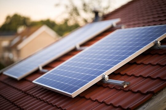 two solar panels installed on a red tile roof. The image is focused on the solar panels and their placement on the roof