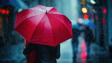 Two people under a red umbrella in the rain, medium shot capturing their intimacy and the rainy atmosphere, natural rain lighting.