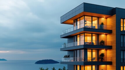 Obraz premium Illuminated luxury apartment building with glass balconies overlooking a tranquil mountain landscape at dusk The modern architectural design creates a serene and cozy atmosphere