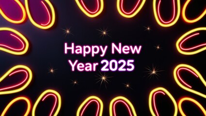 happy new year 2025 glowing pink neon text on black, neon glowing abstract design of coming 2025 banner, neon glowing happy new year 2025 design illustration 