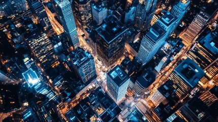Aerial view of a vibrant city, backgroundscape illuminated at night.