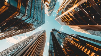 Vertical buildings viewed from underneath, emphasizing their towering structure and architectural design. Bright, natural lighting.