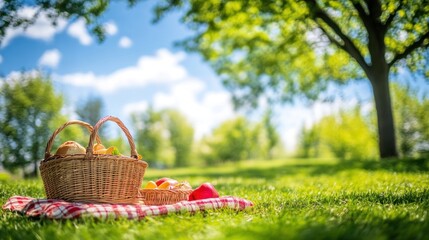 Picnic basket with bread, apples, and oranges on a red checkered blanket in a sunny park.