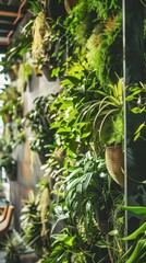 Obraz premium Vertical garden on a wall, emphasizing ecology and green technology. Indoor setting with natural lighting.