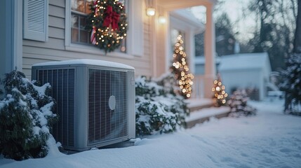 A modern AC unit outside home during wintertime decorated Christmas illustrating combination modern climate control festive holiday decorations cold weather