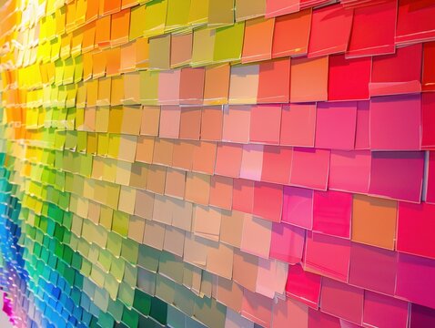 Wall of color swatches in gradient order, vibrant and organized display, bright and balanced lighting.