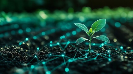 Young Green Plant Emerging from Soil with Digital Network Connectivity Concept in Agriculture