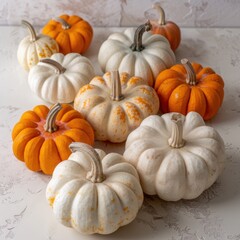 White and orange pumpkins arranged on a light background, creating a festive mood. Cheerful and vibrant atmosphere, even artificial lighting.