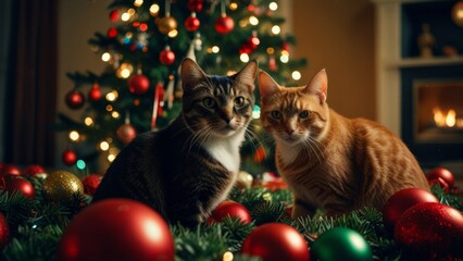 Humorous holiday scene with cats causing a mess and toppling a Christmas tree