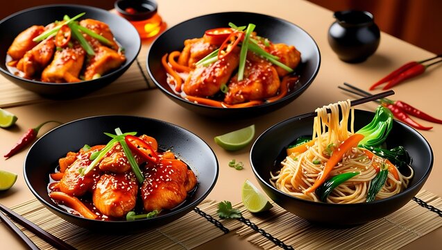 Indulge in the tantalizing presentation of spicy chicken dishes paired with savory noodles in this high-quality image. Perfectly cooked chicken, coated in a fiery, glossy sauce.