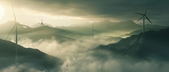 Wind turbines rising above a misty mountain landscape, majestic and serene scene, soft misty lighting.