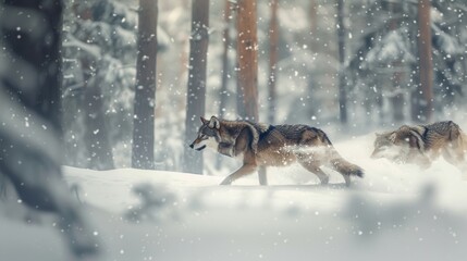 Wolves running through a snowy forest landscape, with dynamic movement and snow flying around them in a winter wonderland. Natural soft light, 70-200mm focal length.