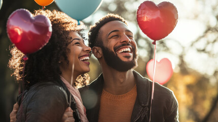 Joyful couple celebrating love with colorful heart-shaped balloons in a sunny outdoor setting, capturing happiness and romance, perfect for Valentine's Day or relationship themes