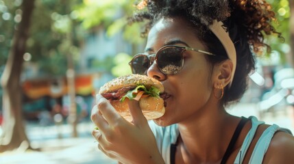 Woman eating a sandwich outdoors, concept of eating out. Urban background with natural lighting.