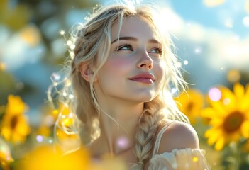Fototapeta premium Beautiful white, blonde Woman in Sunflower Field with Floral Crown - Summer Portrait
