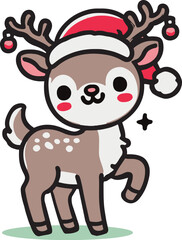 Reindeer wearing christmas santa hat with plain background