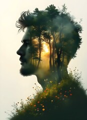 Double Exposure of a Man with Nature Elements - Artistic Silhouette with Trees and Birds