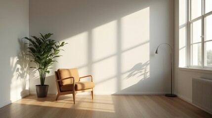 Fototapeta premium Minimalist Living Room Interior Featuring a Chair, Plant, and Shadowed Walls