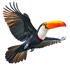 Beautiful Flying Toucan Isolated on a White Background for Use in Nature-Themed Designs and Education Materials and transparent background