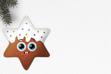 Schöne Frohe Weihnachten Grußkarte niedlich Sterne Keks Stil. Sternenplätzchen mit Gesicht. Weihnachten Plakat Vorlage, Weihnachtskarten Plätzchen mit Tannenzweigen und Papier Hintergrund