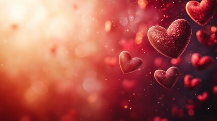Obraz premium Valentine's Day background with flying hearts, red and pink colors, banner design. Valentine's Day concept. Abstract blurred red background