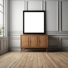 Fototapeta premium Blank Frame Above Wooden Cabinet In Room