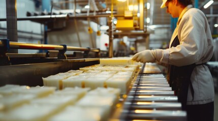 Worker on a production line controlling product quality, attention to detail and excellence. Bright industrial setting with natural lighting.