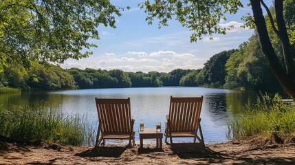 Fototapeta premium Two chairs by a calm lake under sunny skies.