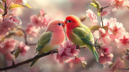 A Pair of Colorful Lovebirds Nestled Among Cherry Blossom Branches, Embodying Romance and Nature's Beauty in a Captivating Spring Scene