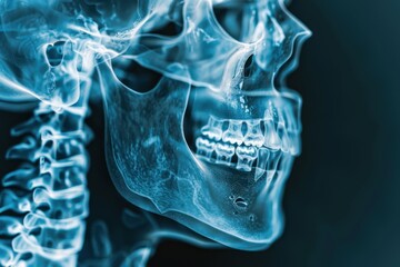 X-ray view of human skull and cervical spine, sharp and clear medical image, balanced lighting.