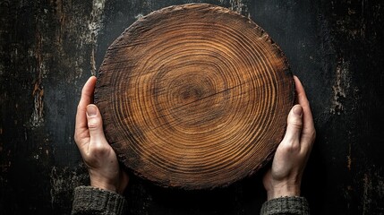 Aged circular disc from wooden trunk concept art top-down view black background showcasing natural wood textures rustic elegance ideal vintage nature-inspired photography