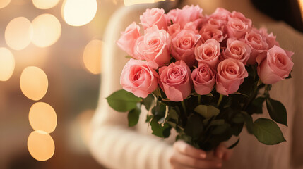 Beautiful bouquet of soft pink roses held by a person with a cozy sweater against a dreamy, blurred background of warm fairy lights