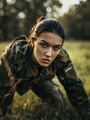 Young woman in military uniform doing physical exercises, focus and determination evident, outdoor setting with natural daylight.