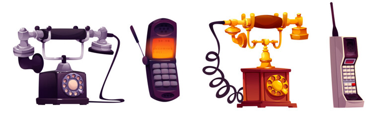 Retro and cell phones set isolated on white background. Vector cartoon illustration of vintage telephones with dial, cord, buttons, radio antenna. Communication device evolution, technology progress