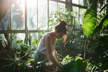Young woman tending to plants in a greenhouse garden, surrounded by lush greenery, soft natural light filtering through glass.